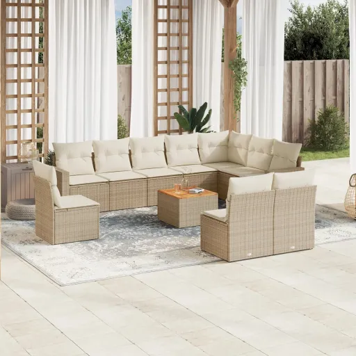 Conjunto Sofás de Jardim c/ Almofadões Vime PE Bege (11 pcs)