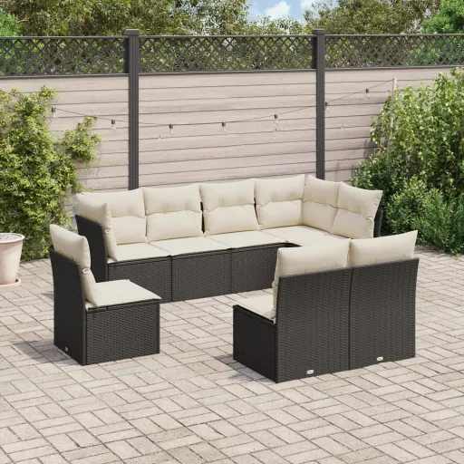 Conjunto Sofás de Jardim com Almofadões Vime PE Preto (8 pcs)