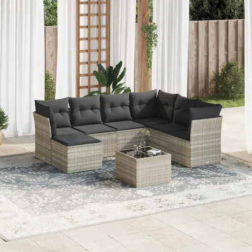 Conj. Sofás Jardim c/ Almofadões Vime PE Cinzento-Claro (8 pcs)