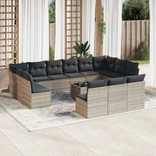 Conj. Sofás Jardim com Almofadões Vime PE Cinzento-Claro (14 pcs)