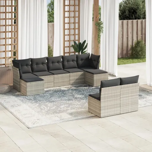 Conj. Sofás Jardim com Almofadões Vime PE Cinzento-Claro (9 pcs)