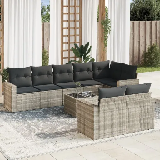Conj. Sofás Jardim com Almofadões Vime PE Cinzento-Claro (9 pcs)