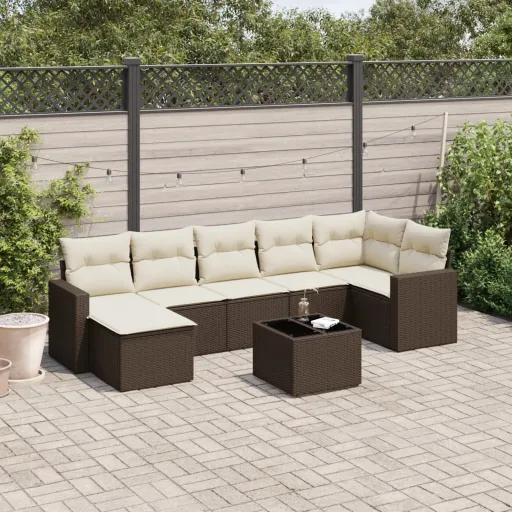 Conjunto Sofás de Jardim c/ Almofadões Vime PE Castanho (8 pcs)