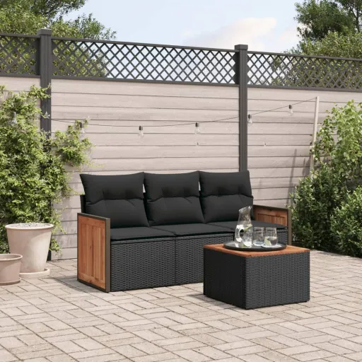 Conjunto de Sofás para Jardim c/ Almofadões Vime PE Preto (4 pcs)