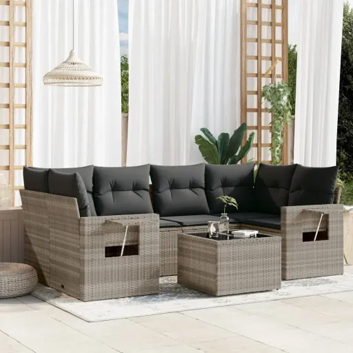 Conj. Sofás Jardim com Almofadões Vime PE Cinzento-Claro (7 pcs)