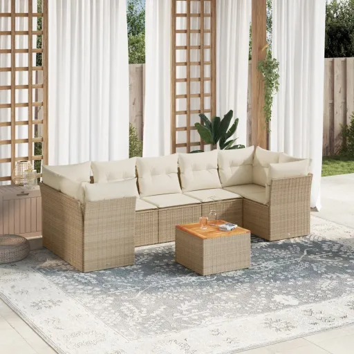 Conjunto de Sofás p/ Jardim com Almofadões Vime PE Bege (8 pcs)