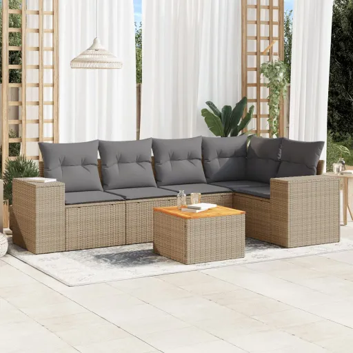 Conjunto de Sofás p/ Jardim com Almofadões Vime PE Bege (6 pcs)