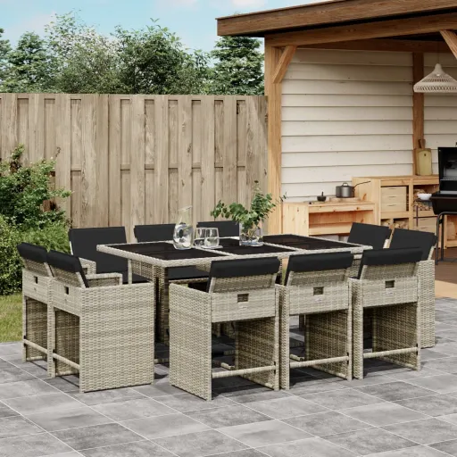 Conjunto Jantar p/ Jardim c/ Almofadões Vime PE Cinzento (11 pcs)