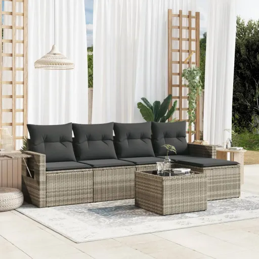 Conj. Sofás Jardim com Almofadões Vime PE Cinzento-Claro (6 pcs)