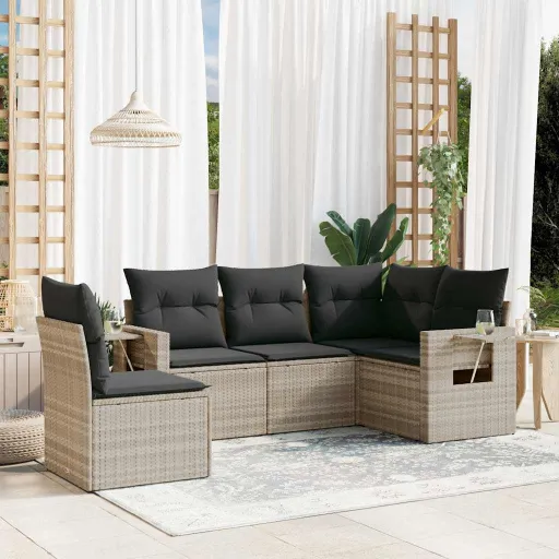 Conj. Sofás Jardim c/ Almofadões Vime PE Cinzento-Claro (5 pcs)
