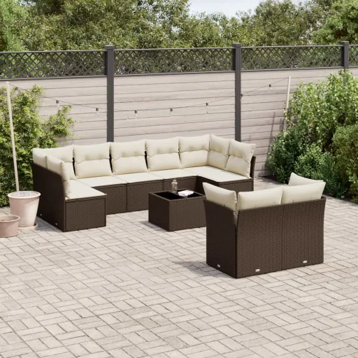 Conj. Sofás Jardim com Almofadões Vime PE Castanho (10 pcs)