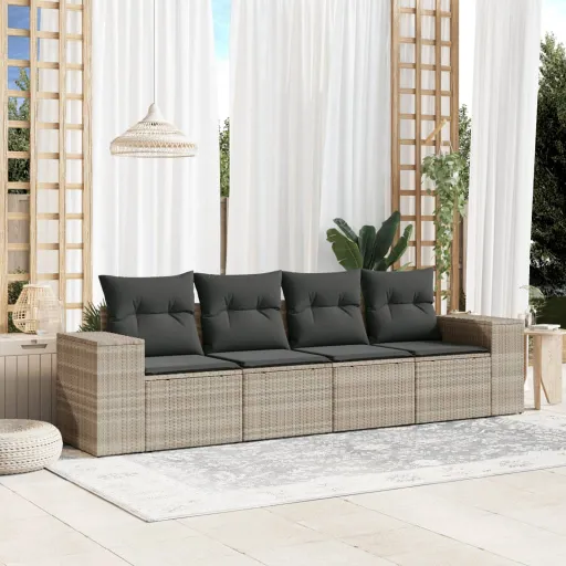 Conj. Sofás Jardim c/ Almofadões Vime PE Cinzento-Claro (4 pcs)