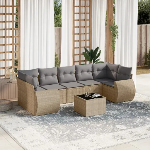 Conjunto de Sofás p/ Jardim com Almofadões Vime PE Bege (8 pcs)
