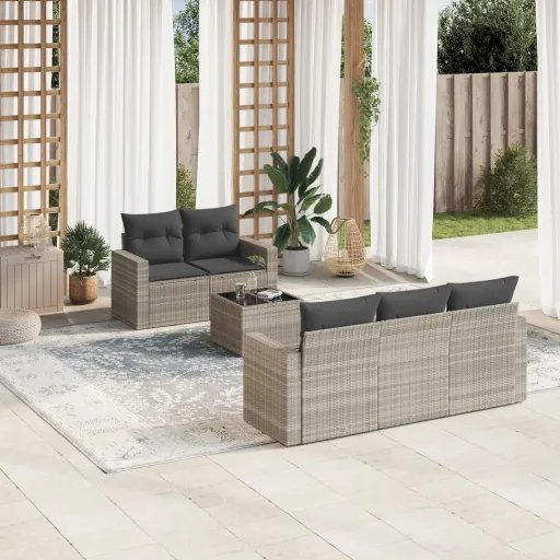 Conj. Sofás Jardim com Almofadões Vime PE Cinzento-Claro (6 pcs)