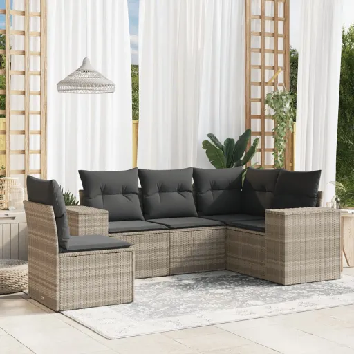 Conj. Sofás Jardim c/ Almofadões Vime PE Cinzento-Claro (5 pcs)