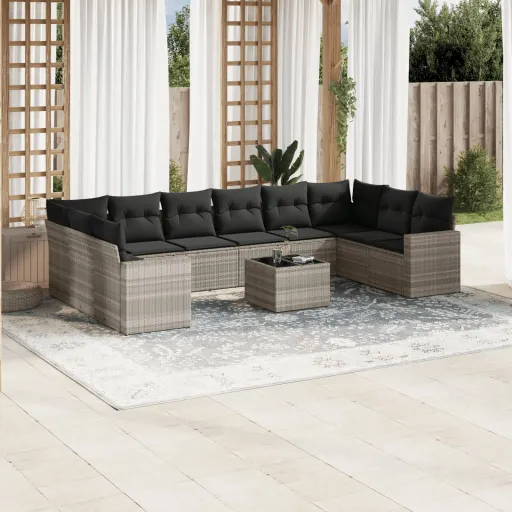 Conjunto Sofás de Jardim c/ Almofadões Vime PE Cinzento (11 pcs)