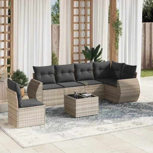 Conj. Sofás Jardim com Almofadões Vime PE Cinzento-Claro (7 pcs)