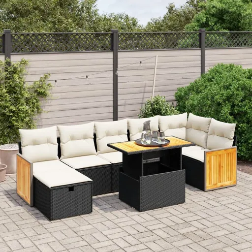 Conjunto Sofás de Jardim com Almofadões Vime PE Preto (8 pcs)
