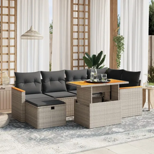Conjunto Sofás p/ Jardim c/ Almofadões Vime PE Cinzento (7 pcs)