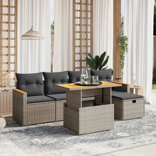 Conjunto Sofás de Jardim com Almofadões Vime Cinzento (6 pcs)