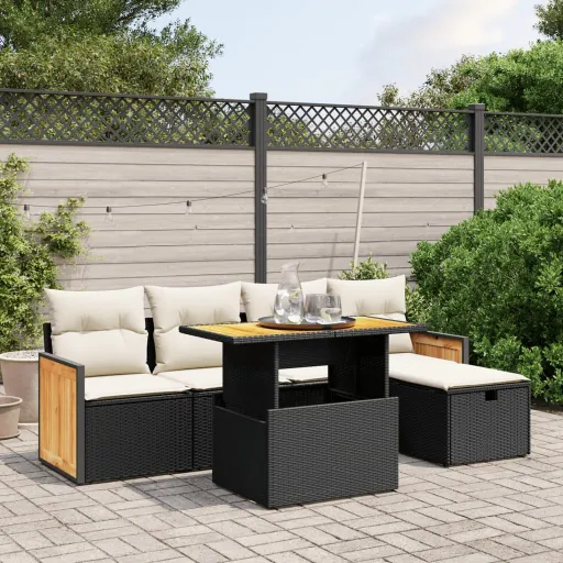 Conjunto Sofás de Jardim c/ Almofadões Vime PE Preto (6 pcs)