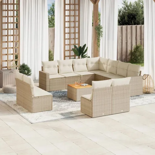 Conjunto de Sofás p/ Jardim com Almofadões Vime PE Bege (12 pcs)