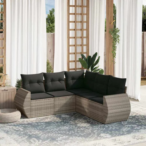 Conj. Sofás Jardim c/ Almofadões Vime PE Cinzento-Claro (5 pcs)