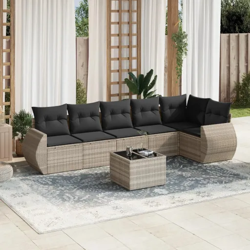 Conj. Sofás Jardim com Almofadões Vime PE Cinzento-Claro (7 pcs)
