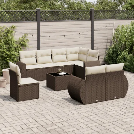 Conjunto Sofás p/ Jardim c/ Almofadões Vime PE Castanho (9 pcs)