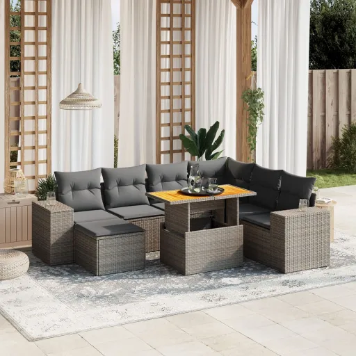 Conjunto Sofás de Jardim c/ Almofadões Vime PE Cinzento (8 pcs)