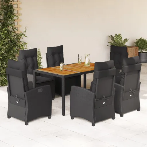 Conjunto de Jantar p/ Jardim c/ Almofadões Vime PE Preto (7 pcs)