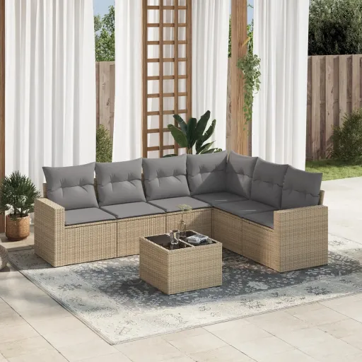 Conjunto de Sofás p/ Jardim com Almofadões Vime PE Bege (7 pcs)