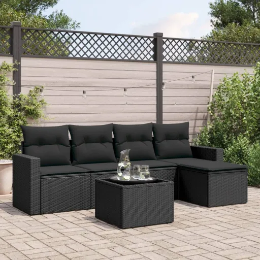 Conjunto Sofás de Jardim c/ Almofadões Vime PE Preto (6 pcs)