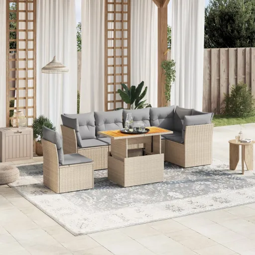 Conjunto de Sofás p/ Jardim com Almofadões Vime PE Bege (7 pcs)
