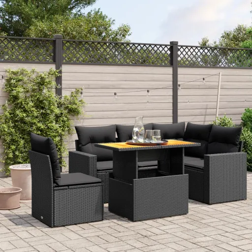 Conjunto Sofás de Jardim c/ Almofadões Vime PE Preto (6 pcs)