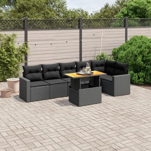 Conjunto de Sofás p/ Jardim c/ Almofadões Vime PE Preto (7 pcs)