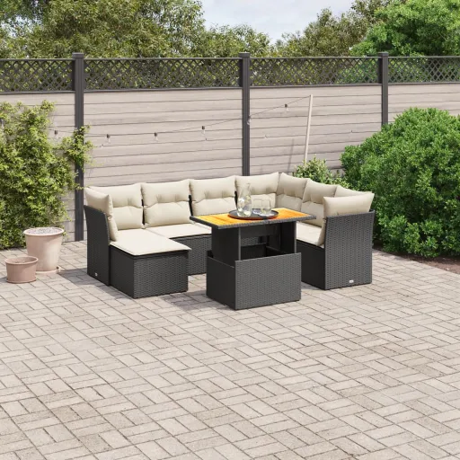 Conjunto Sofás de Jardim com Almofadões Vime PE Preto (8 pcs)