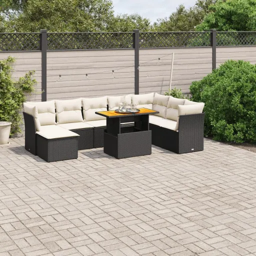 Conjunto de Sofás p/ Jardim c/ Almofadões Vime PE Preto (9 pcs)