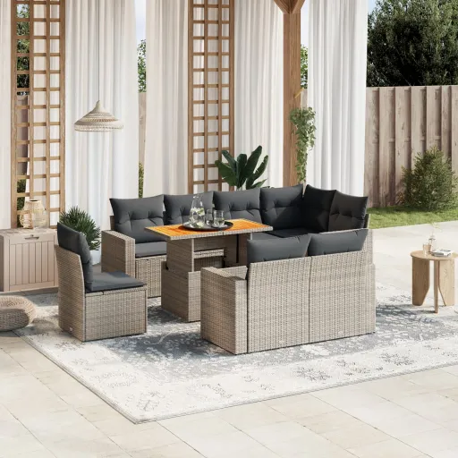 Conjunto Sofás p/ Jardim com Almofadões Vime PE Cinzento (9 pcs)