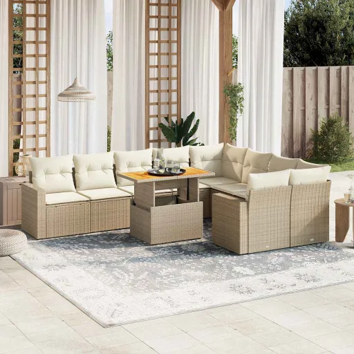 Conjunto de Sofás p/ Jardim com Almofadões Vime PE Bege (10 pcs)