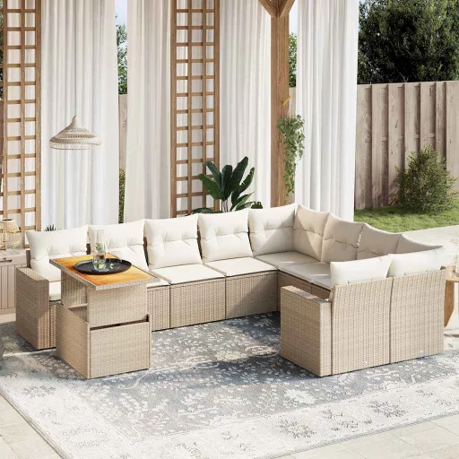 Conjunto de Sofás p/ Jardim com Almofadões Vime PE Bege (10 pcs)
