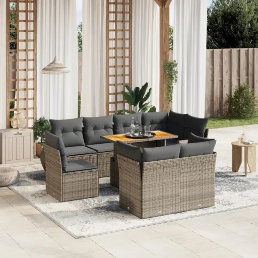 Conjunto Sofás p/ Jardim com Almofadões Vime PE Cinzento (9 pcs)