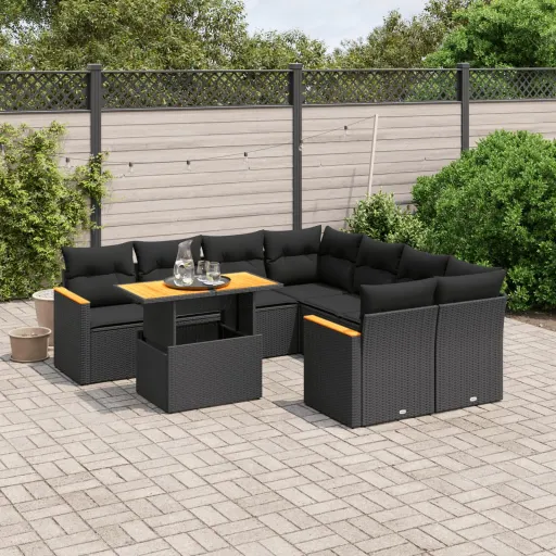 Conjunto de Sofás p/ Jardim c/ Almofadões Vime PE Preto (9 pcs)