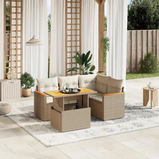 Conjunto de Sofás p/ Jardim com Almofadões Vime PE Bege (5 pcs)