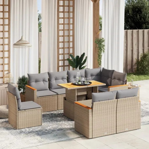 Conjunto de Sofás p/ Jardim com Almofadões Vime PE Bege (9 pcs)