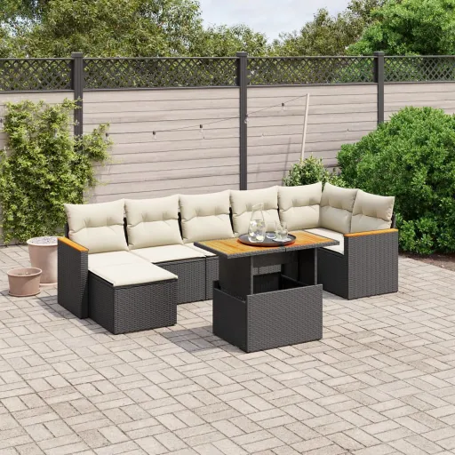 Conjunto Sofás de Jardim com Almofadões Vime PE Preto (8 pcs)