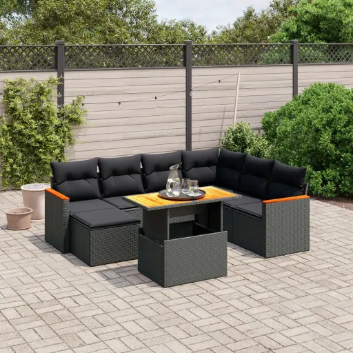 Conjunto Sofás de Jardim com Almofadões Vime PE Preto (8 pcs)