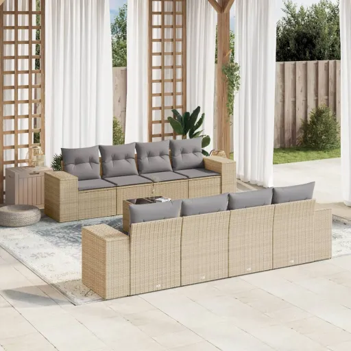Conjunto de Sofás p/ Jardim com Almofadões Vime PE Bege (9 pcs)