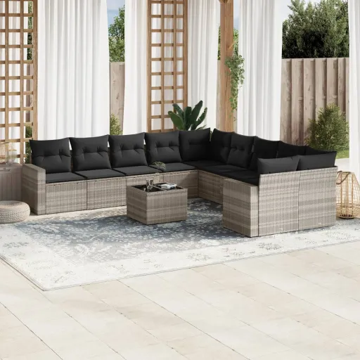 Conjunto Sofás de Jardim c/ Almofadões Vime PE Cinzento (11 pcs)