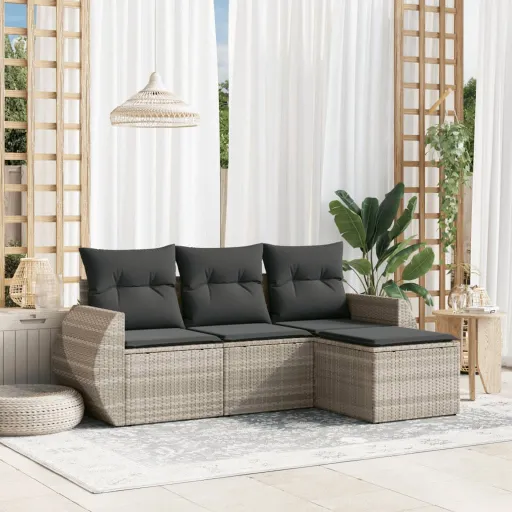 Conj. Sofás Jardim c/ Almofadões Vime PE Cinzento-Claro (4 pcs)